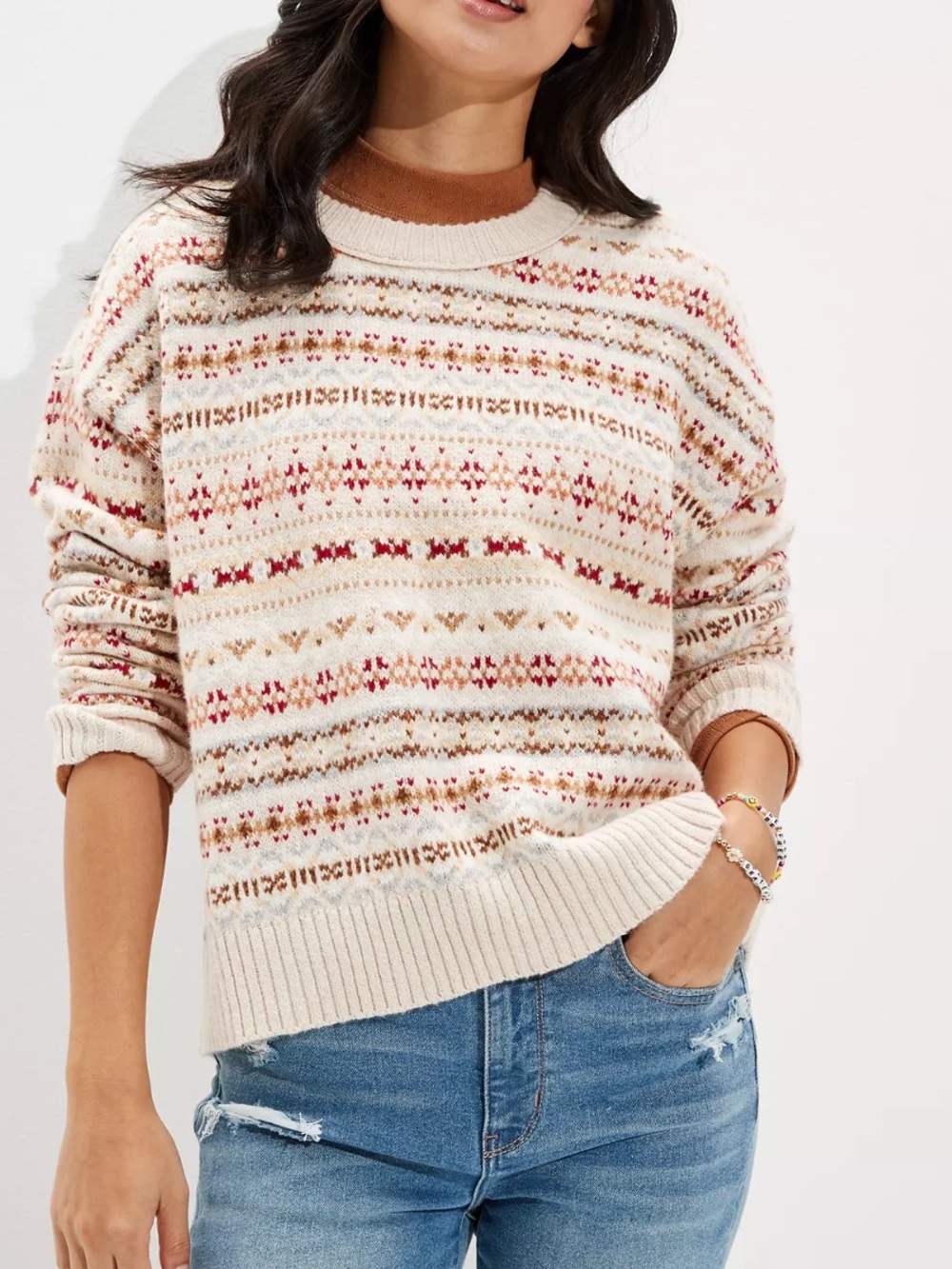 American Eagle Fair Isle Snowdrift Sweater Cream Multi Knit Cozy Women’s XS
